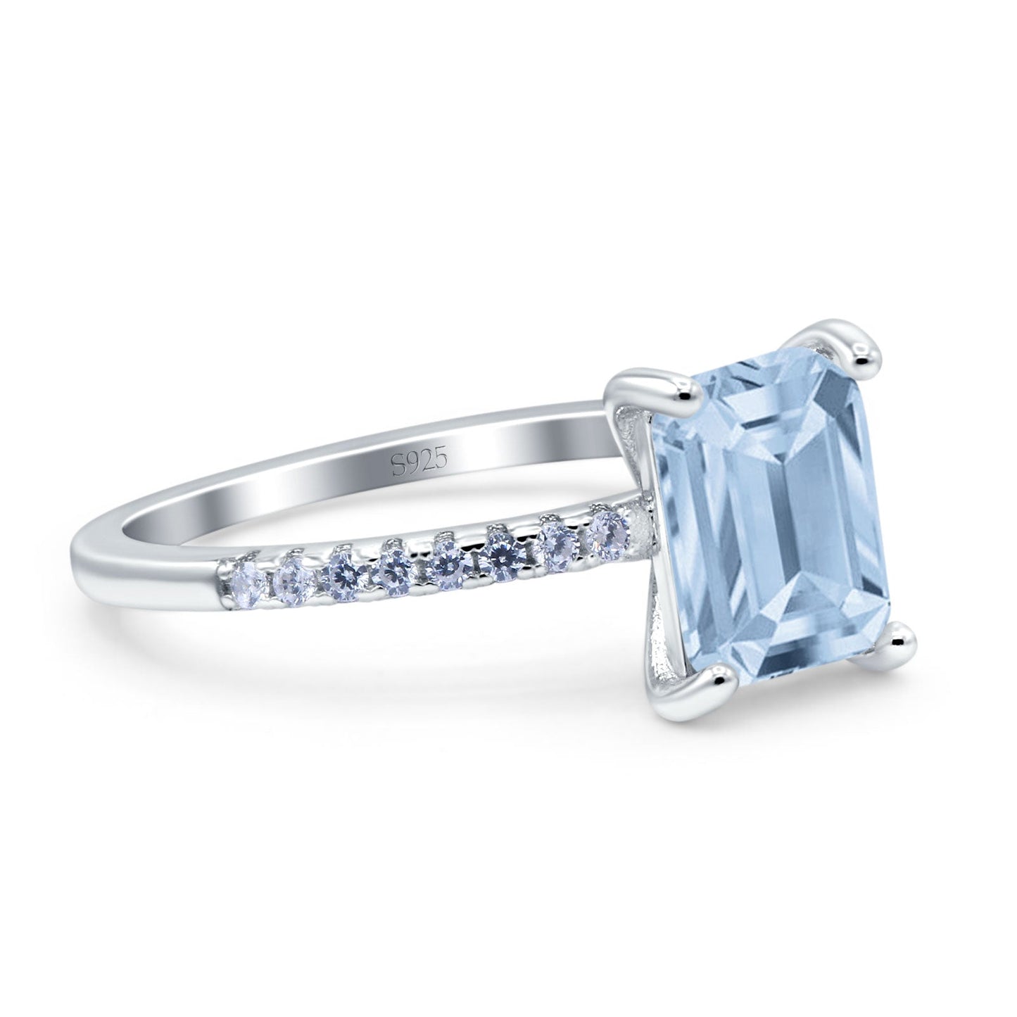 Emerald Cut Art Deco Wedding Ring Simulated Aquamarine CZ