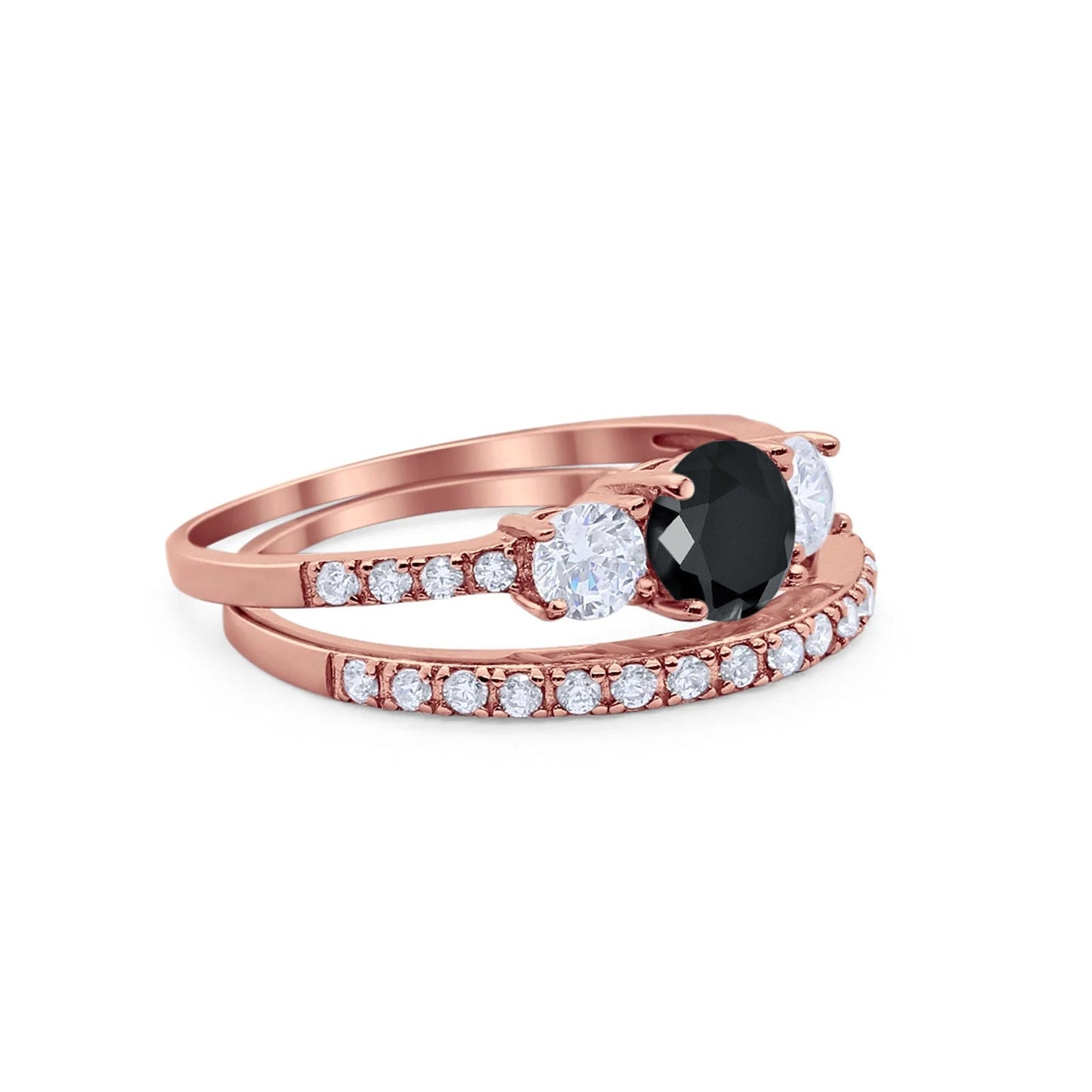 Three Stone Two Piece Rose Tone Black CZ Bridal Ring