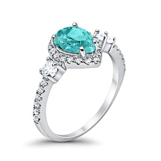 Three Stone Halo Teardrop Pear Fashion Ring Simulated Paraiba Tourmaline CZ