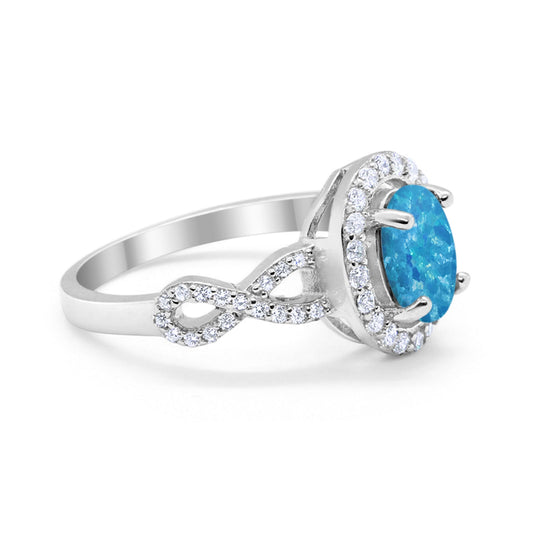 Art Deco Halo Wedding Ring Oval Lab Created Blue Opal