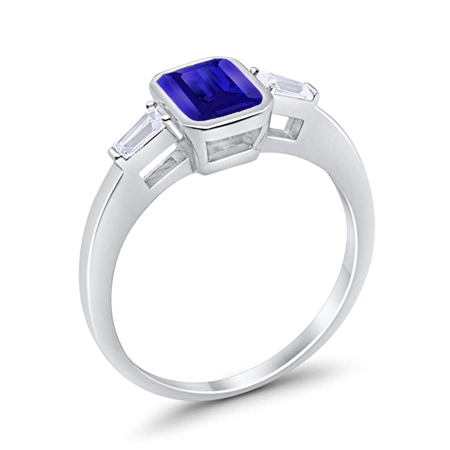 Three Stone Baguette Engagement Ring Simulated Blue Sapphire CZ