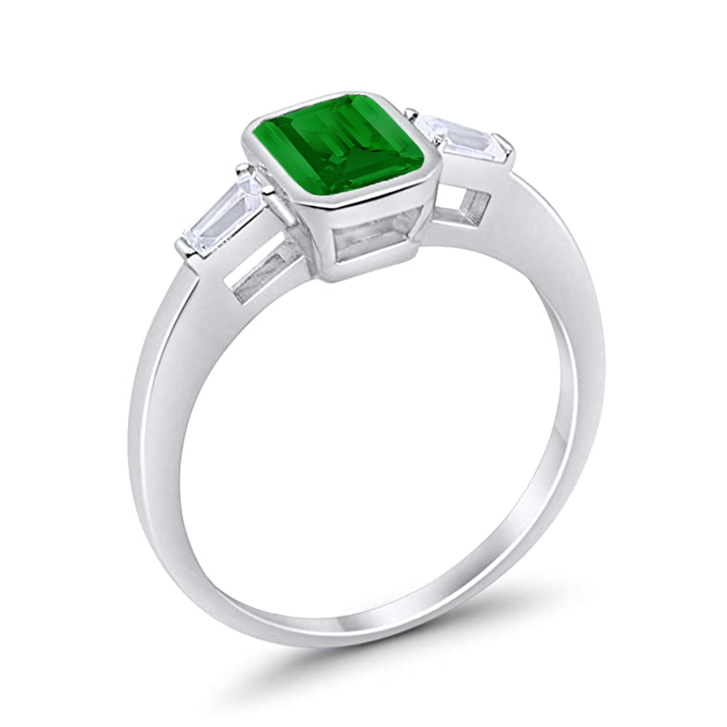 Three Stone Baguette Engagement Ring Simulated Green Emerald CZ