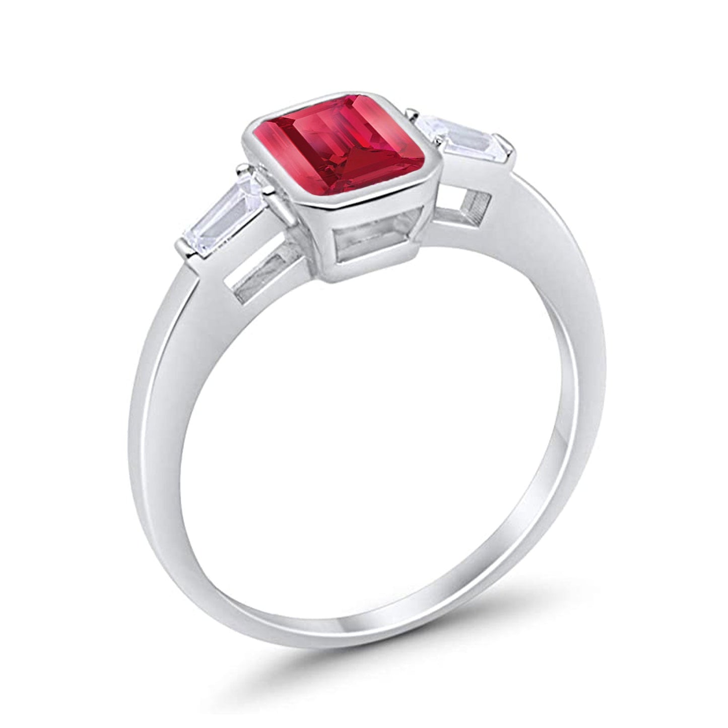 Three Stone Baguette Engagement Ring Simulated Ruby CZ