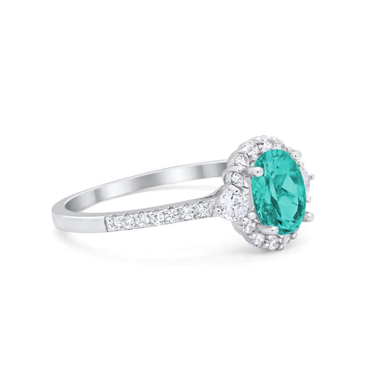 Art Deco Halo Oval Wedding Ring Simulated Paraiba Tourmaline CZ