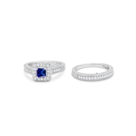 Two Piece Vintage Style Wedding Ring Simulated Blue Sapphire CZ