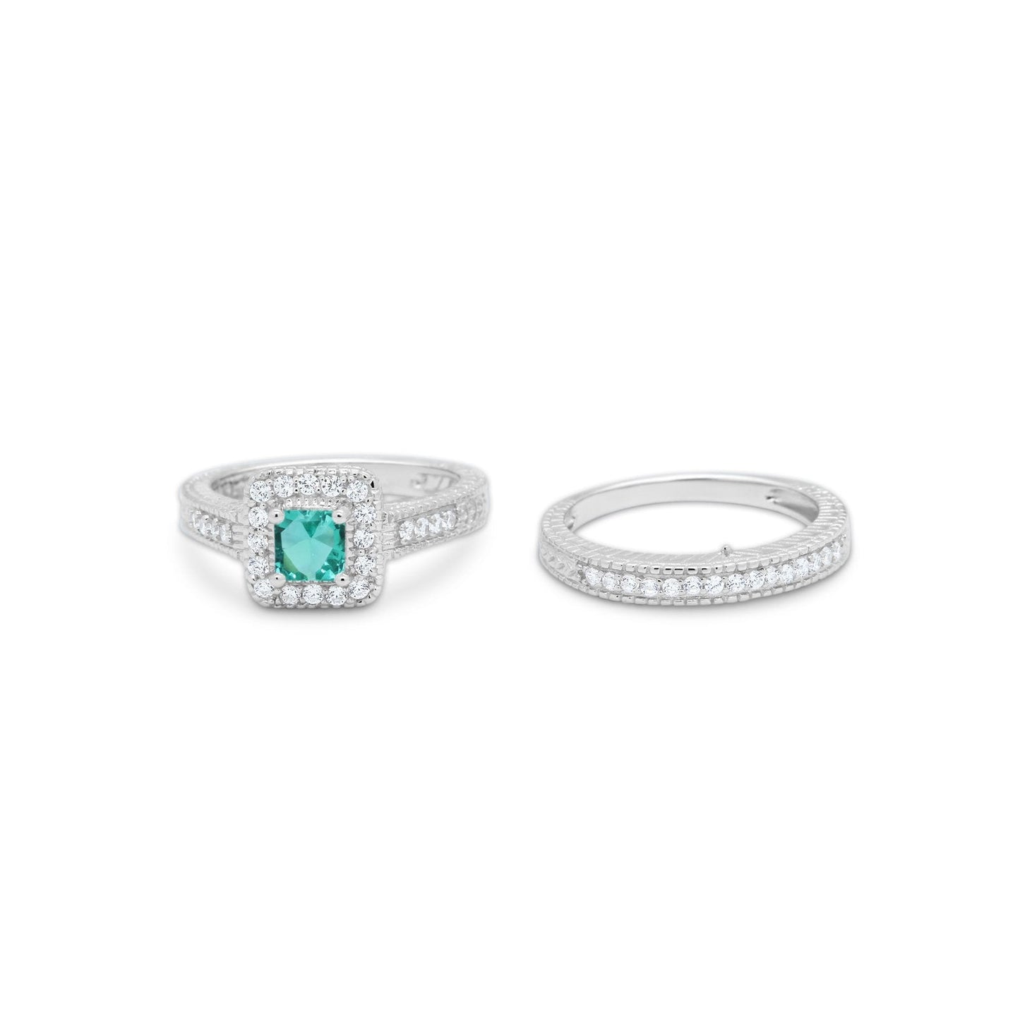 Two Piece Vintage Style Wedding Ring Simulated Paraiba Tourmaline CZ