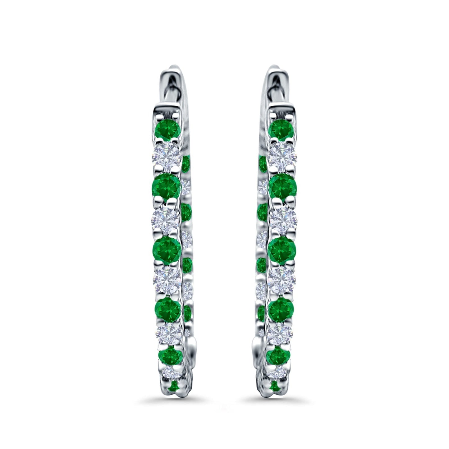 Huggie Hoop Earrings Round Simulated Green Emerald CZ (14mm)