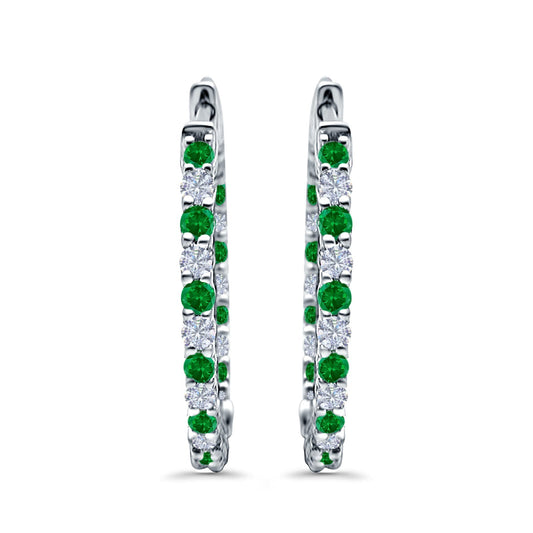 Huggie Hoop Earrings Round Simulated Green Emerald CZ (14mm)