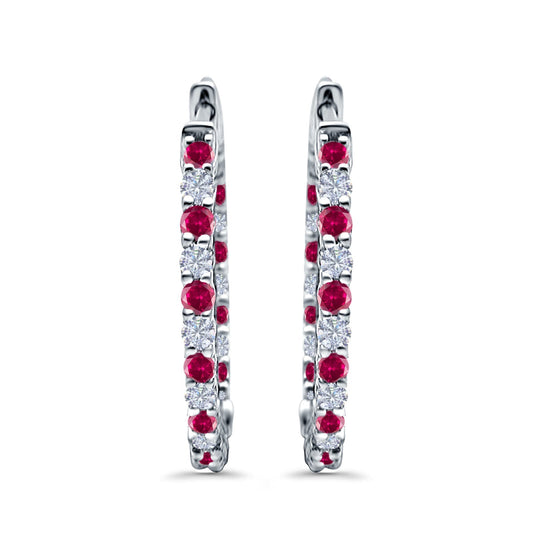 Huggie Hoop Earrings Round Simulated Ruby CZ (14mm)