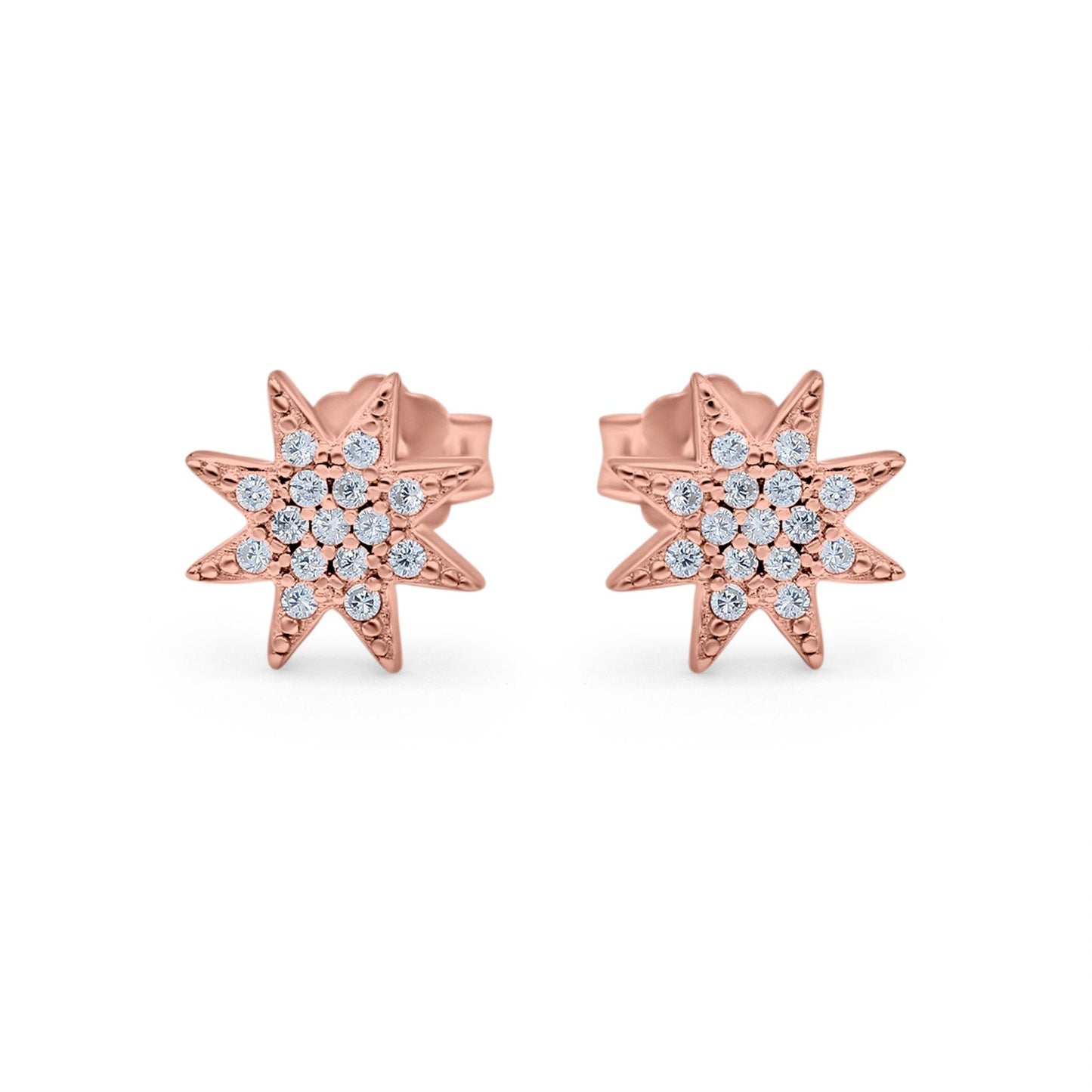 Starburst Round Rose Tone, Simulated CZ Stud Earrings