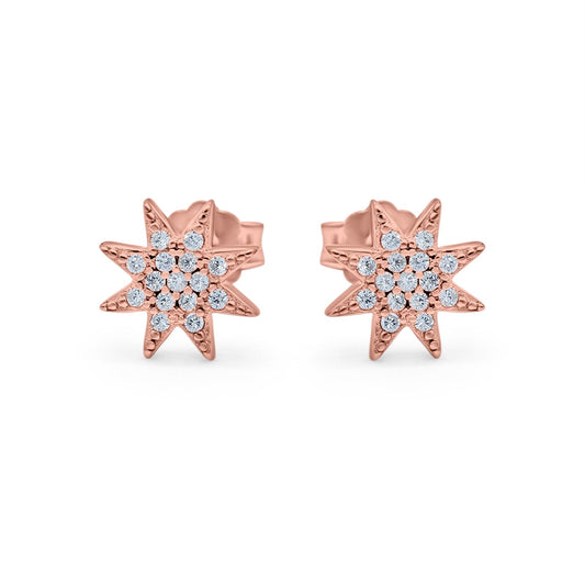 Starburst Round Rose Tone, Simulated CZ Stud Earrings