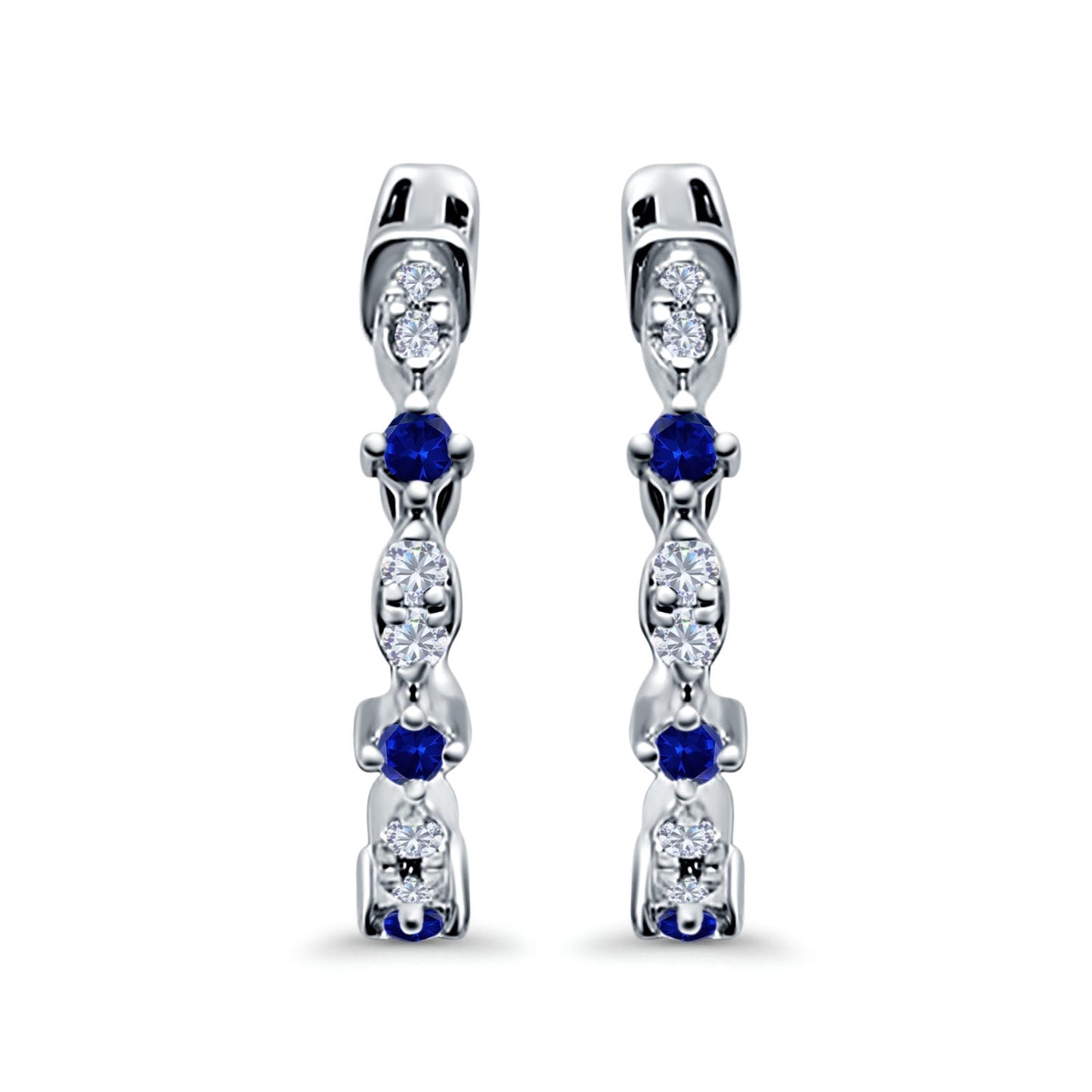 Half Eternity Huggie Hoop Earrings Round Simulated Blue Sapphire CZ (14mm)