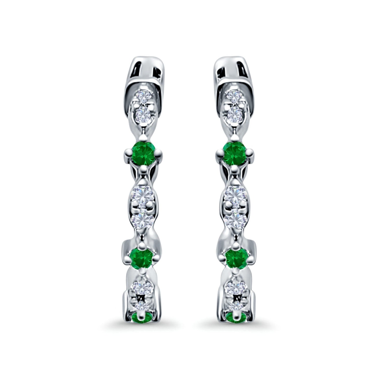 Half Eternity Huggie Hoop Earrings Round Simulated Green Emerald CZ (14mm)