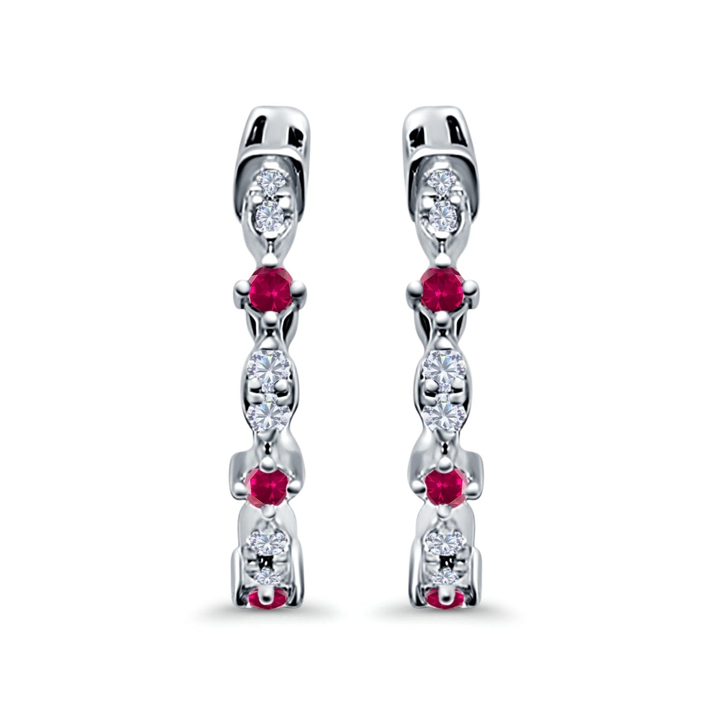 Half Eternity Huggie Hoop Earrings Round Simulated Ruby CZ (14mm)