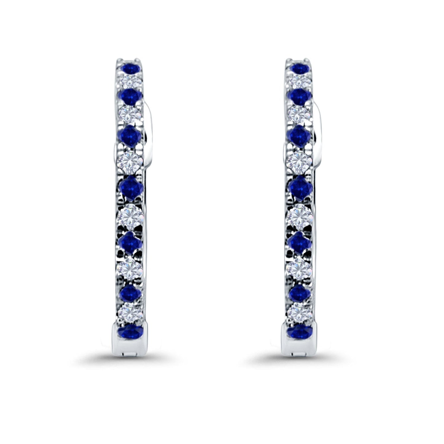 Hoop Earrings Half Eternity Round Simulated Blue Sapphire Cubic Zirconia (14mm)