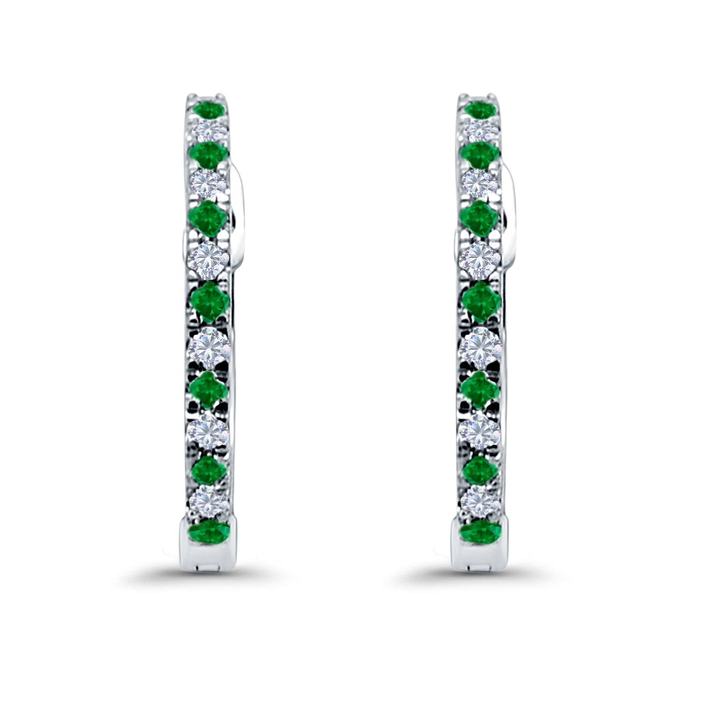 Hoop Earrings Half Eternity Round Simulated Green Emerald Cubic Zirconia (14mm)