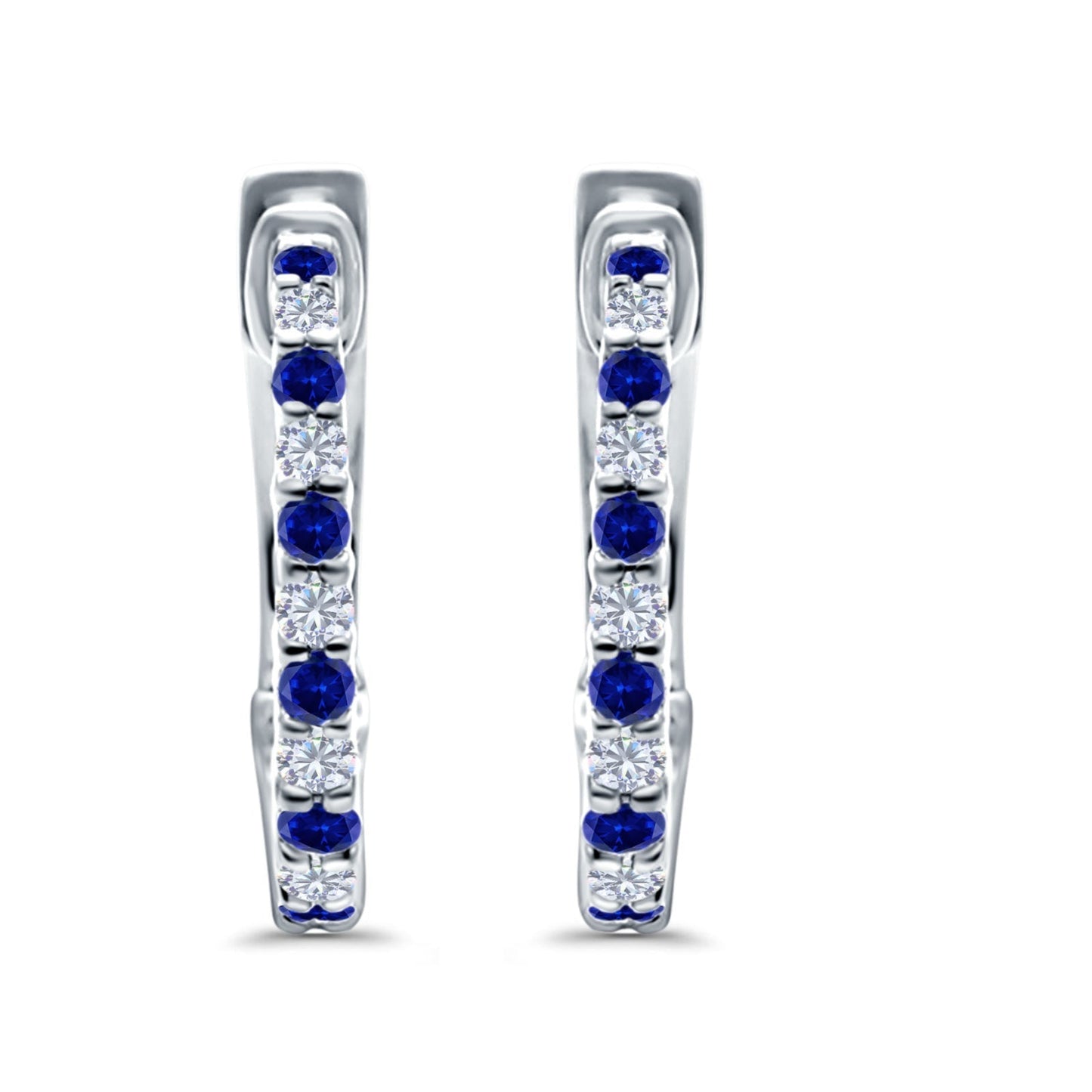 Half Eternity Huggie Hoop Earrings Round Simulated Blue Sapphire CZ (14mm)