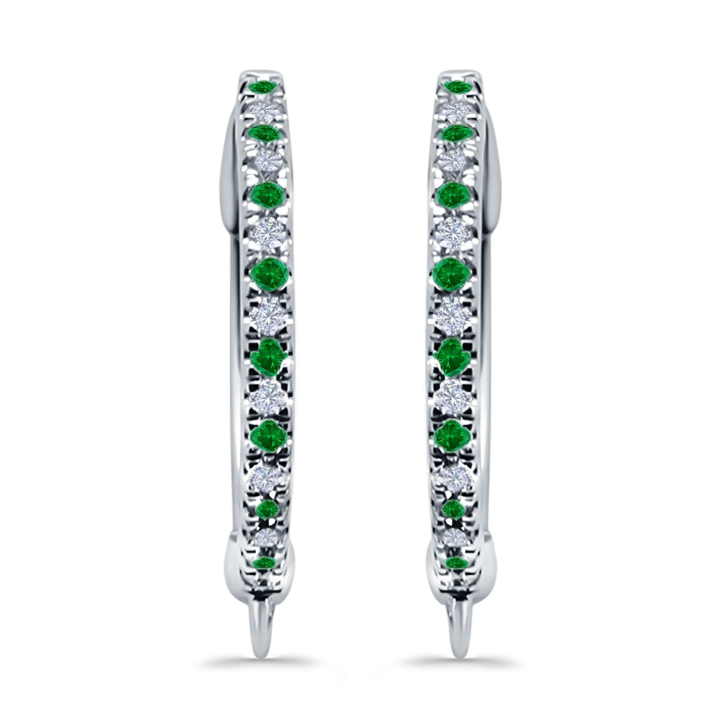 Half Eternity Hoop Earrings Round Simulated Green Emerald CZ (14mm)