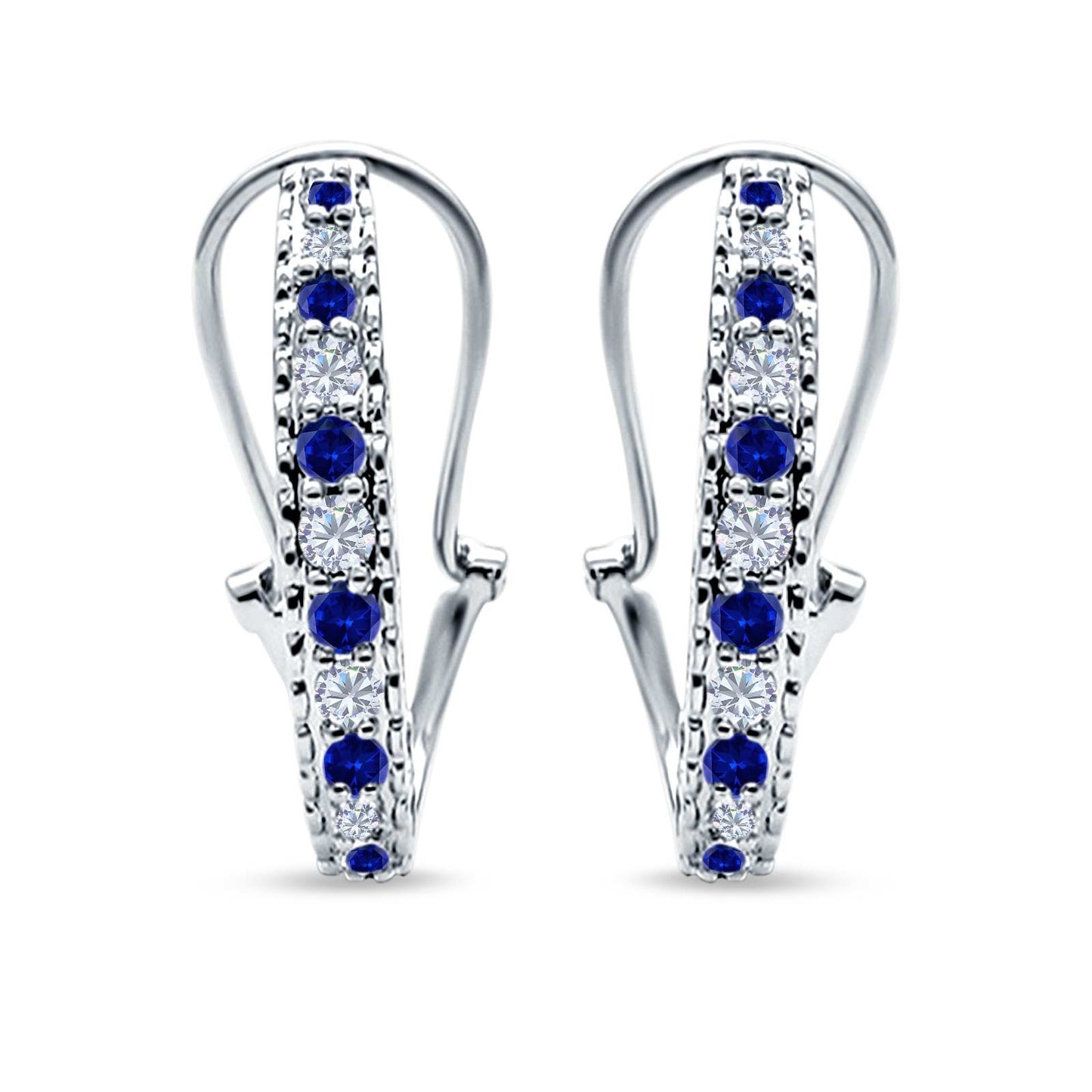 Half Eternity Heart Huggie Hoop Earrings Round Simulated Blue Sapphire CZ (18mm)