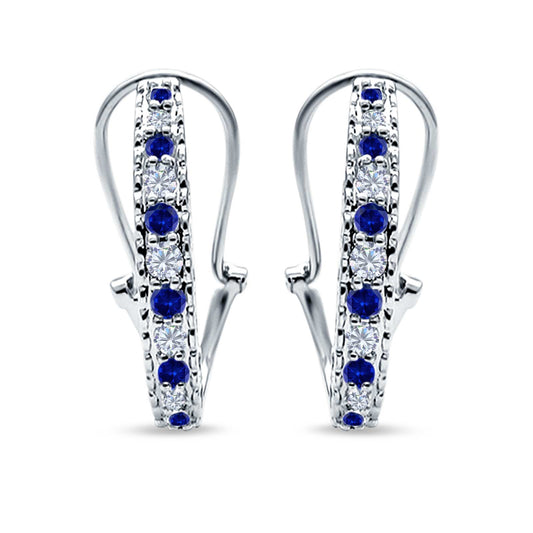 Half Eternity Heart Huggie Hoop Earrings Round Simulated Blue Sapphire CZ (18mm)