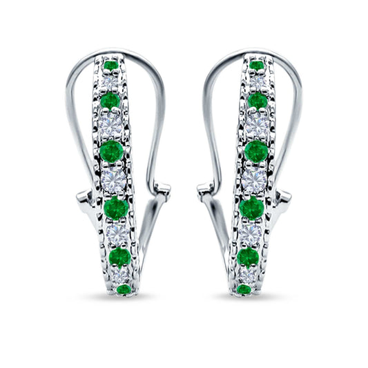 Half Eternity Heart Huggie Hoop Earrings Round Simulated Green Emerald CZ (18mm)