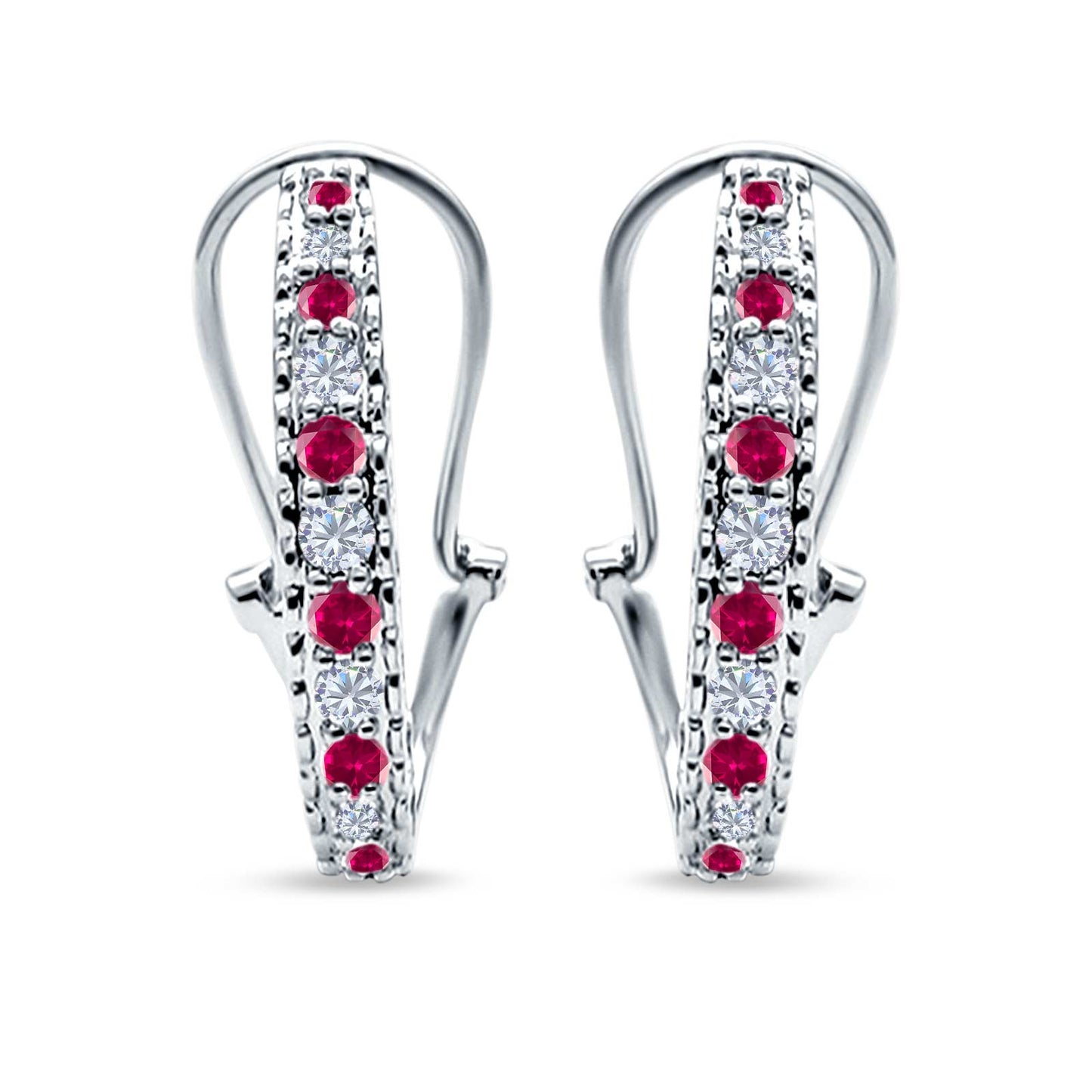 Half Eternity Heart Huggie Hoop Earrings Round Simulated Ruby CZ (18mm)