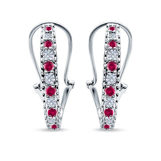 Half Eternity Heart Huggie Hoop Earrings Round Simulated Ruby CZ (18mm)