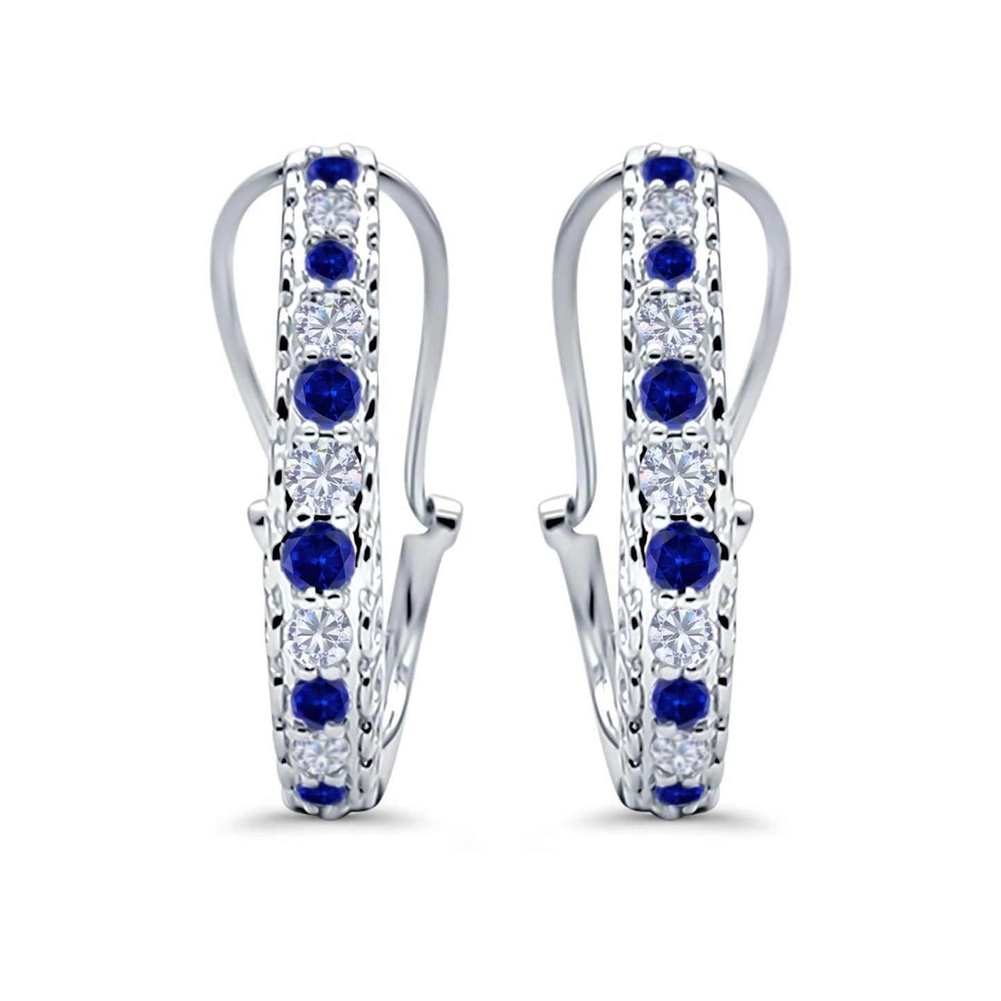 Half Eternity Huggie Hoop Earrings Round Simulated Blue Sapphire CZ (18mm)