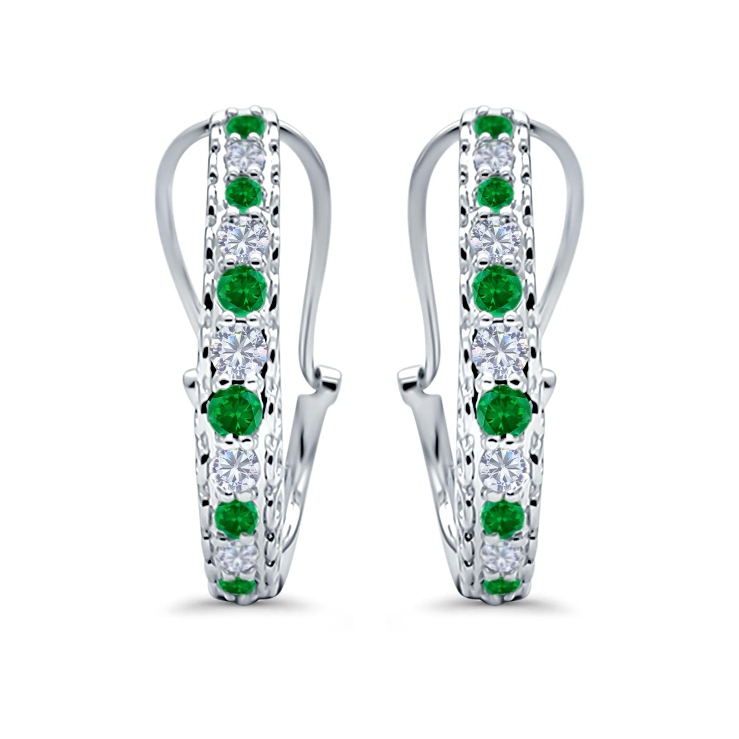 Half Eternity Huggie Hoop Earrings Round Simulated Green Emerald CZ (18mm)