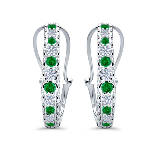 Half Eternity Huggie Hoop Earrings Round Simulated Green Emerald CZ (18mm)