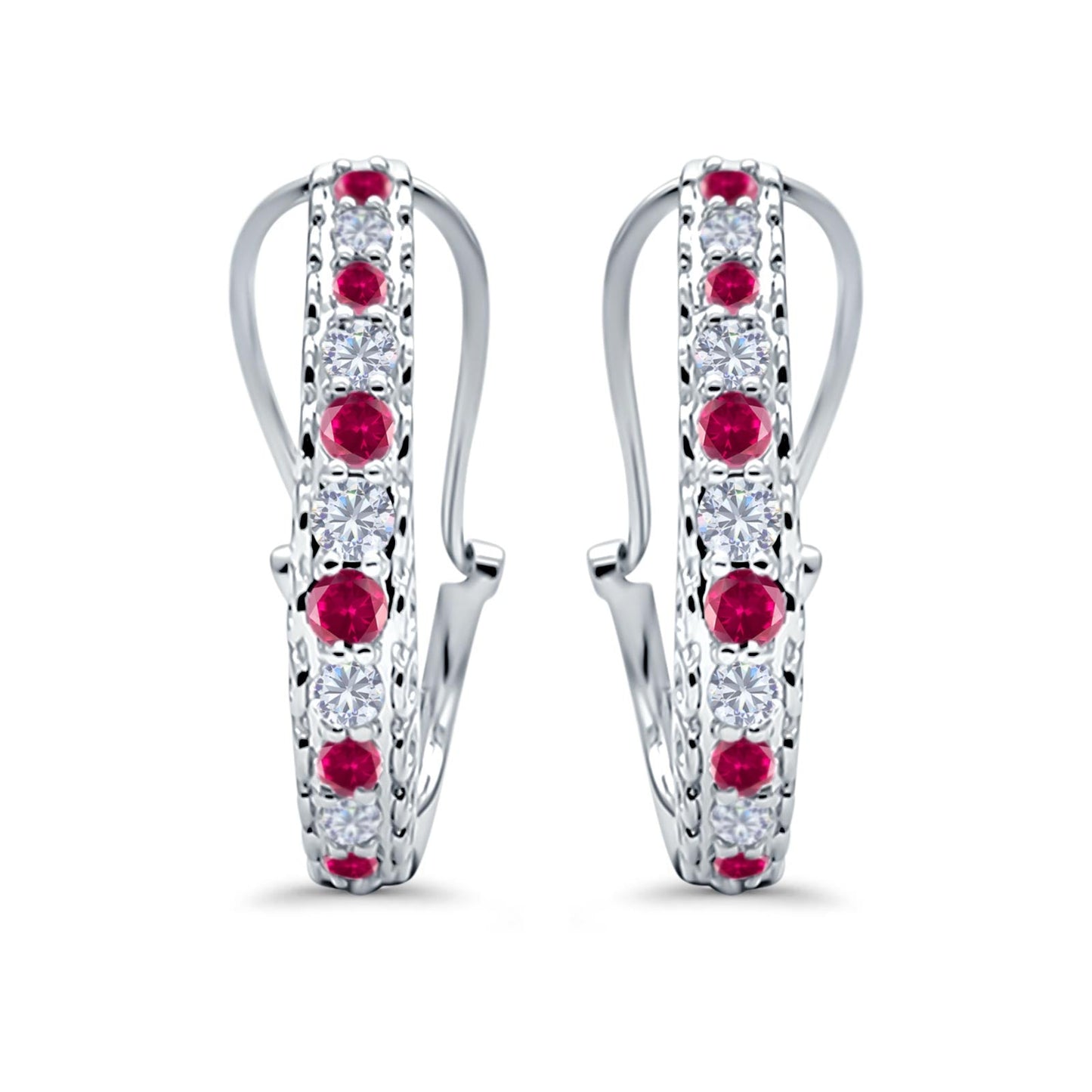 Half Eternity Huggie Hoop Earrings Round Simulated Ruby CZ (18mm)