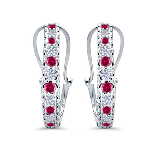 Half Eternity Huggie Hoop Earrings Round Simulated Ruby CZ (18mm)