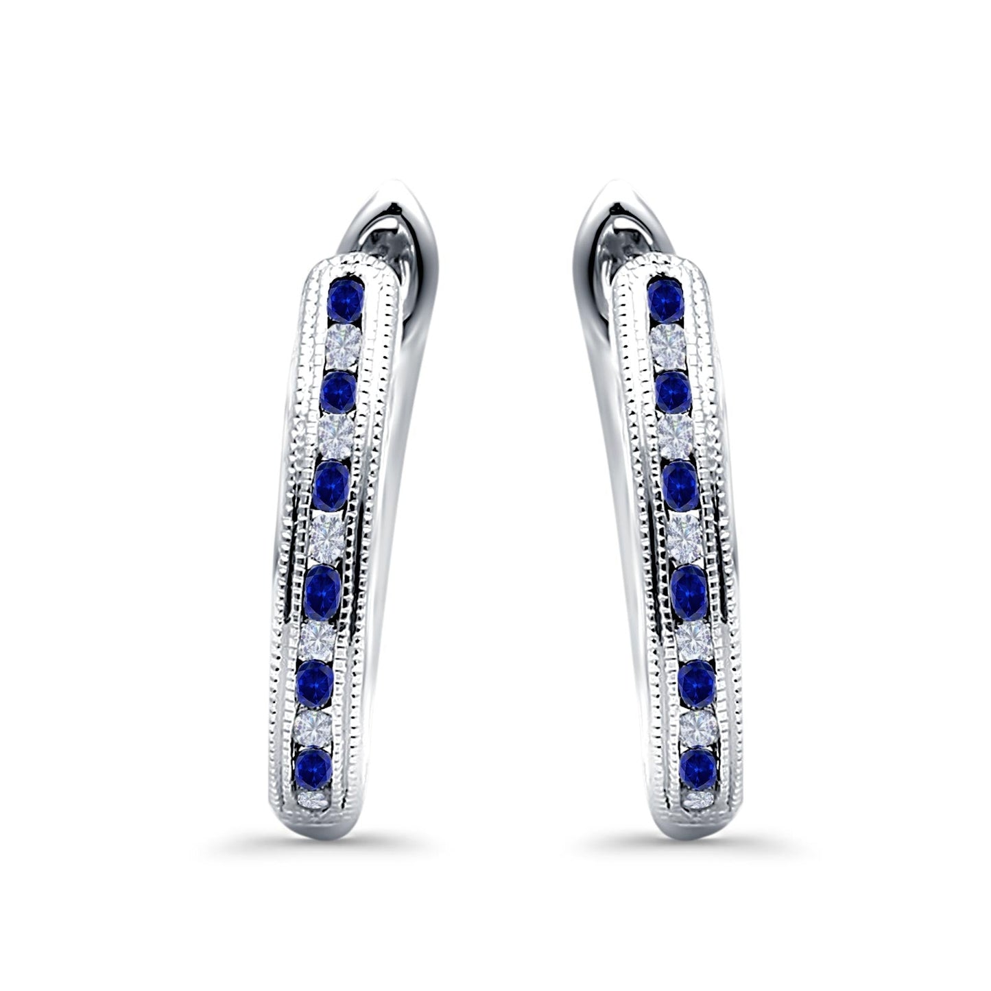 Half Eternity Hoop Earrings Round Simulated Blue Sapphire Cubic Zirconia (14mm)