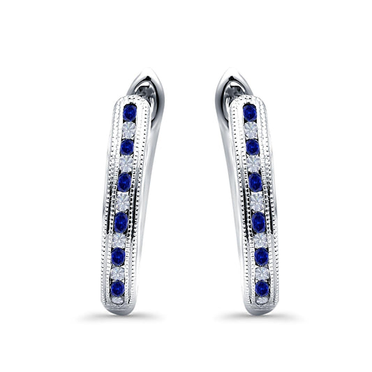 Half Eternity Hoop Earrings Round Simulated Blue Sapphire Cubic Zirconia (14mm)