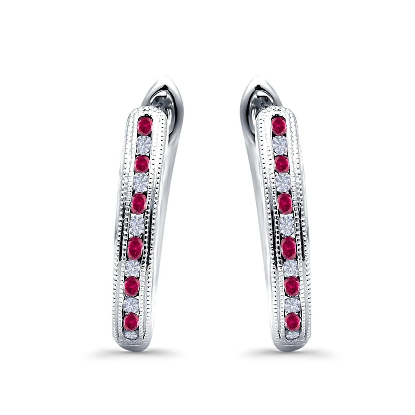 Half Eternity Hoop Earrings Round Simulated Ruby Cubic Zirconia (14mm)