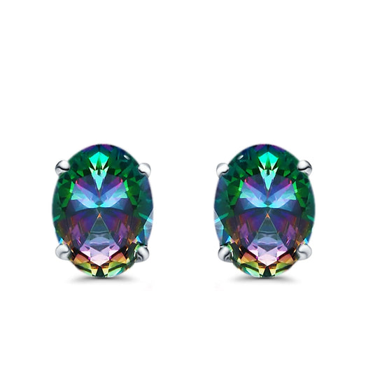 Art Deco Oval Wedding Bridal Solitaire Stud Earrings Simulated Rainbow CZ