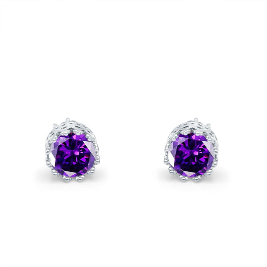 Round Simulated Amethyst CZ Wedding Engagement Bridal Stud Earrings