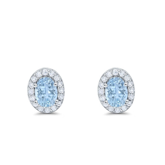 Oval Simulated Aquamarine CZ Wedding Stud Earrings