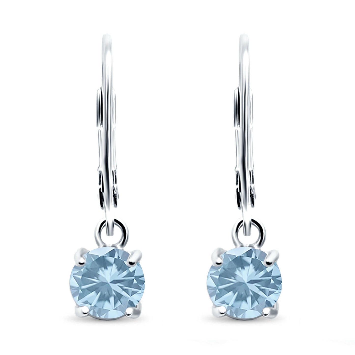 Lever Back Earring Round Simulated Aquamarine CZ  (2mm-10mm)