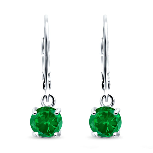 Lever Back Earring Round Simulated Green Emerald CZ (2mm-10mm)