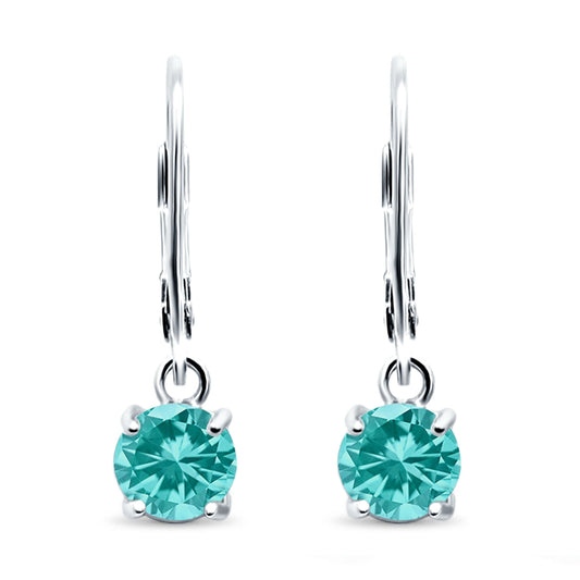 Lever Back Earring Round Simulated Paraiba Tourmaline CZ (2mm-10mm)