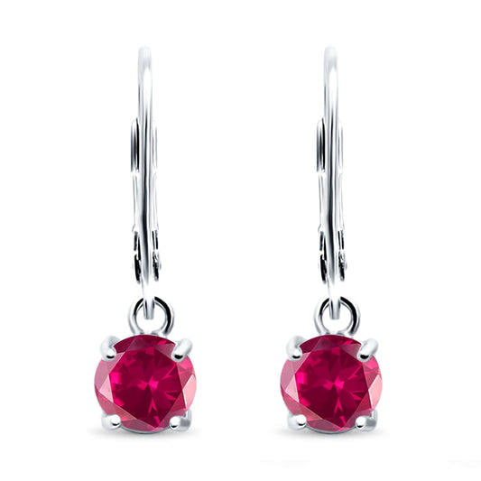 Lever Back Earring Round Simulated Ruby CZ (2mm-10mm)