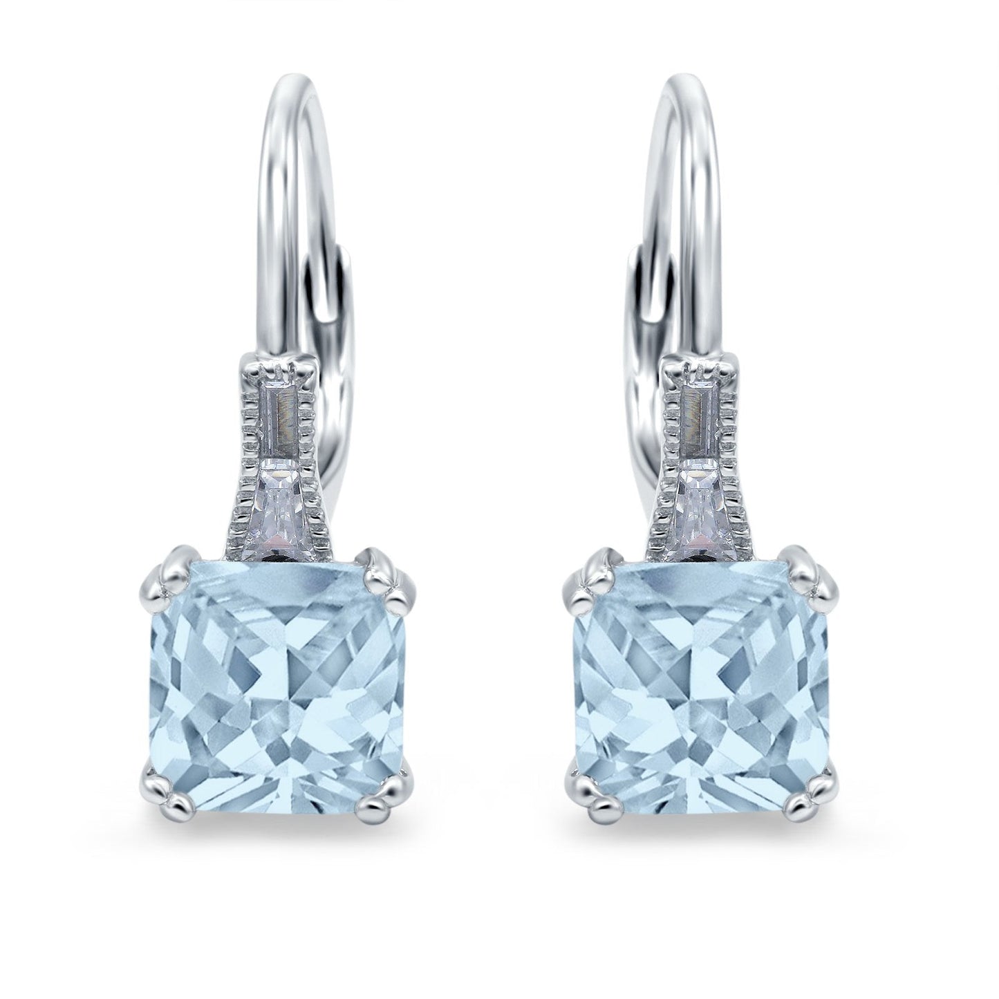 Cushion Cut Dangling Leverback Wedding Earrings Simulated Aquamarine CZ (15mm)