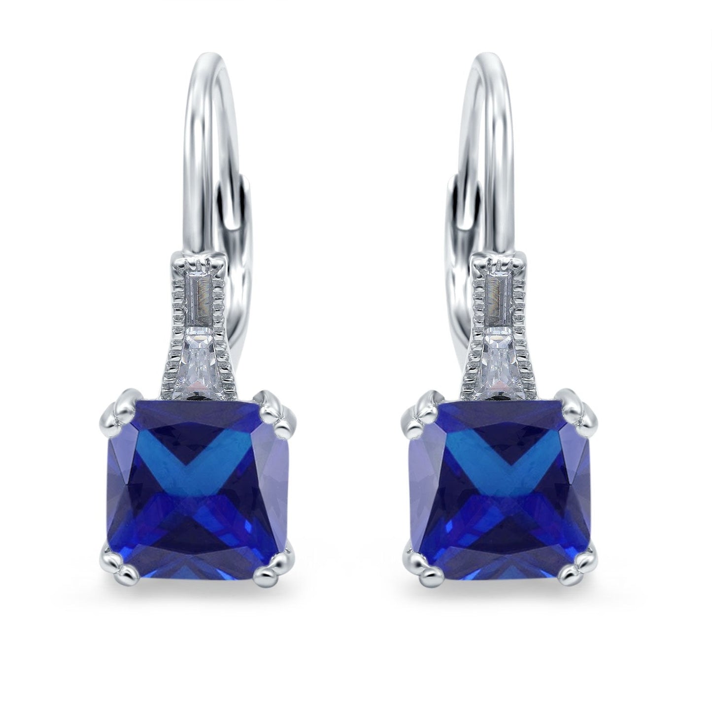 Cushion Cut Dangling Leverback Wedding Earrings Simulated Blue Sapphire CZ (15mm)