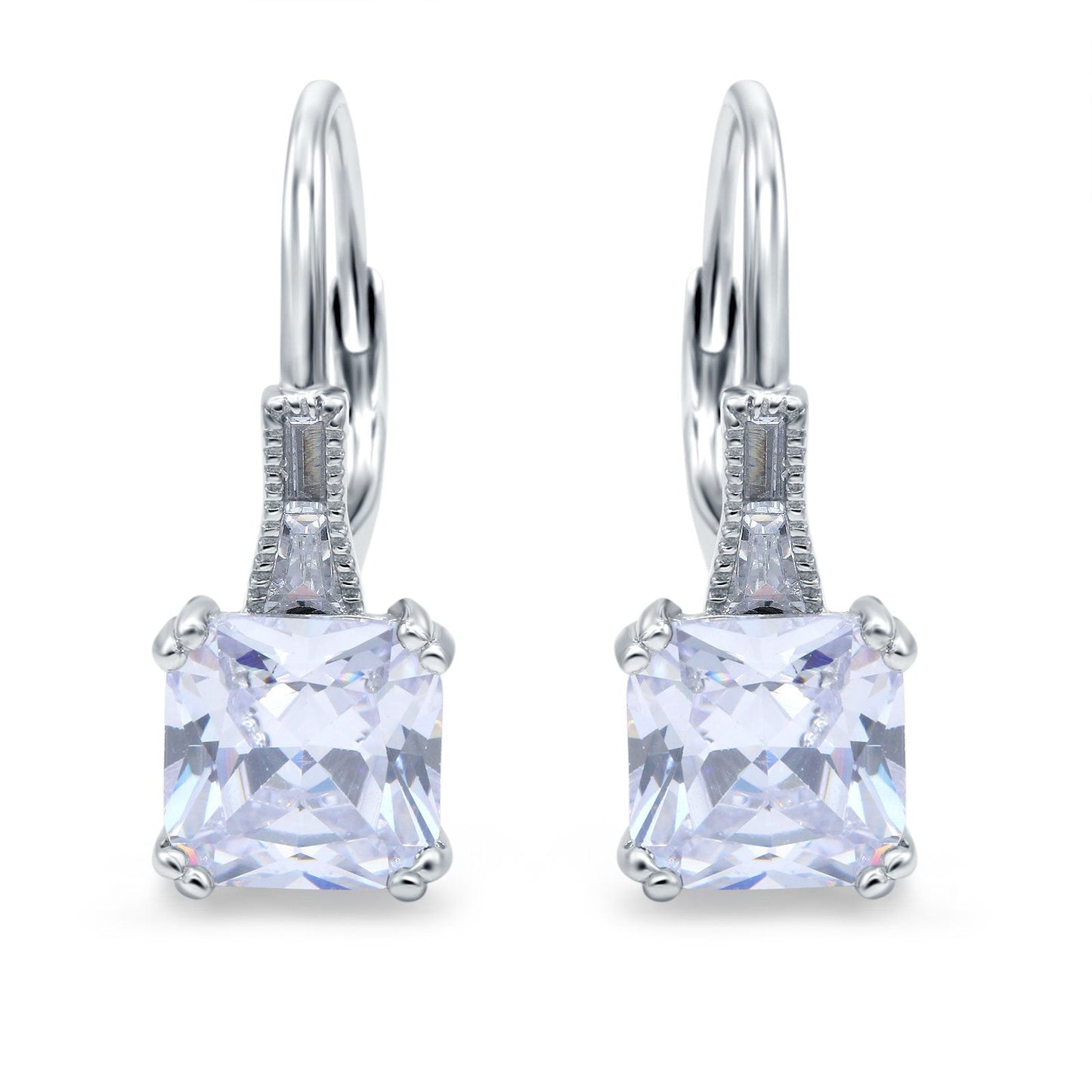 Cushion Cut Dangling Leverback Wedding Earrings Simulated Cubic Zirconia (15mm)