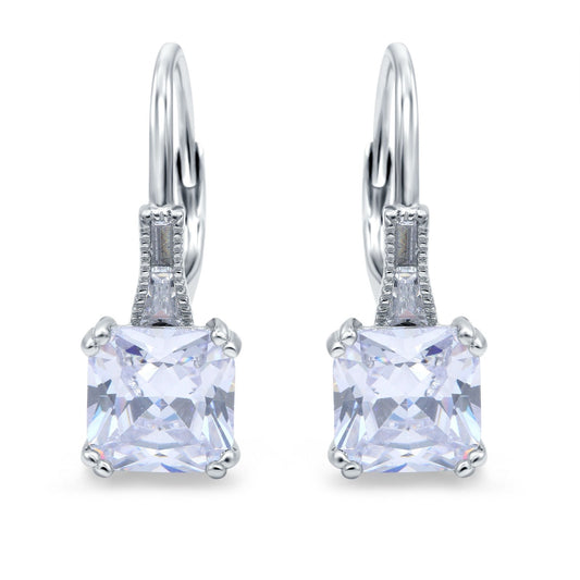 Cushion Cut Dangling Leverback Wedding Earrings Simulated Cubic Zirconia (15mm)