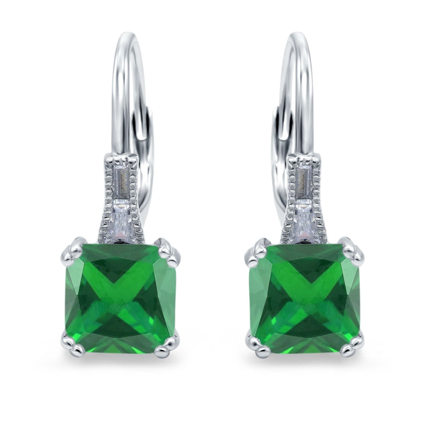 Cushion Cut Dangling Leverback Wedding Earrings Simulated Green Emerald CZ (15mm)