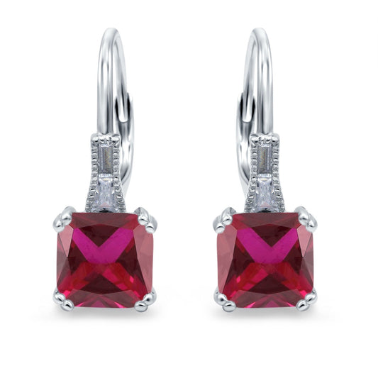 Cushion Cut Dangling Leverback Wedding Earrings Simulated Ruby CZ (15mm)