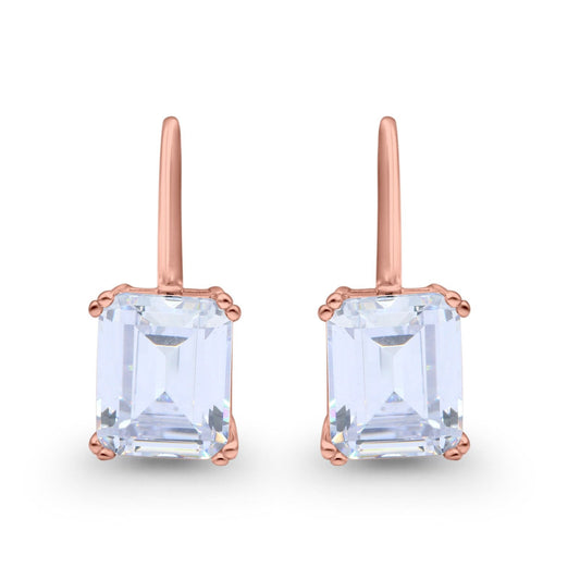 Cushion Cut Dangling Leverback Wedding Earrings Rose Tone, Simulated CZ (20mm)