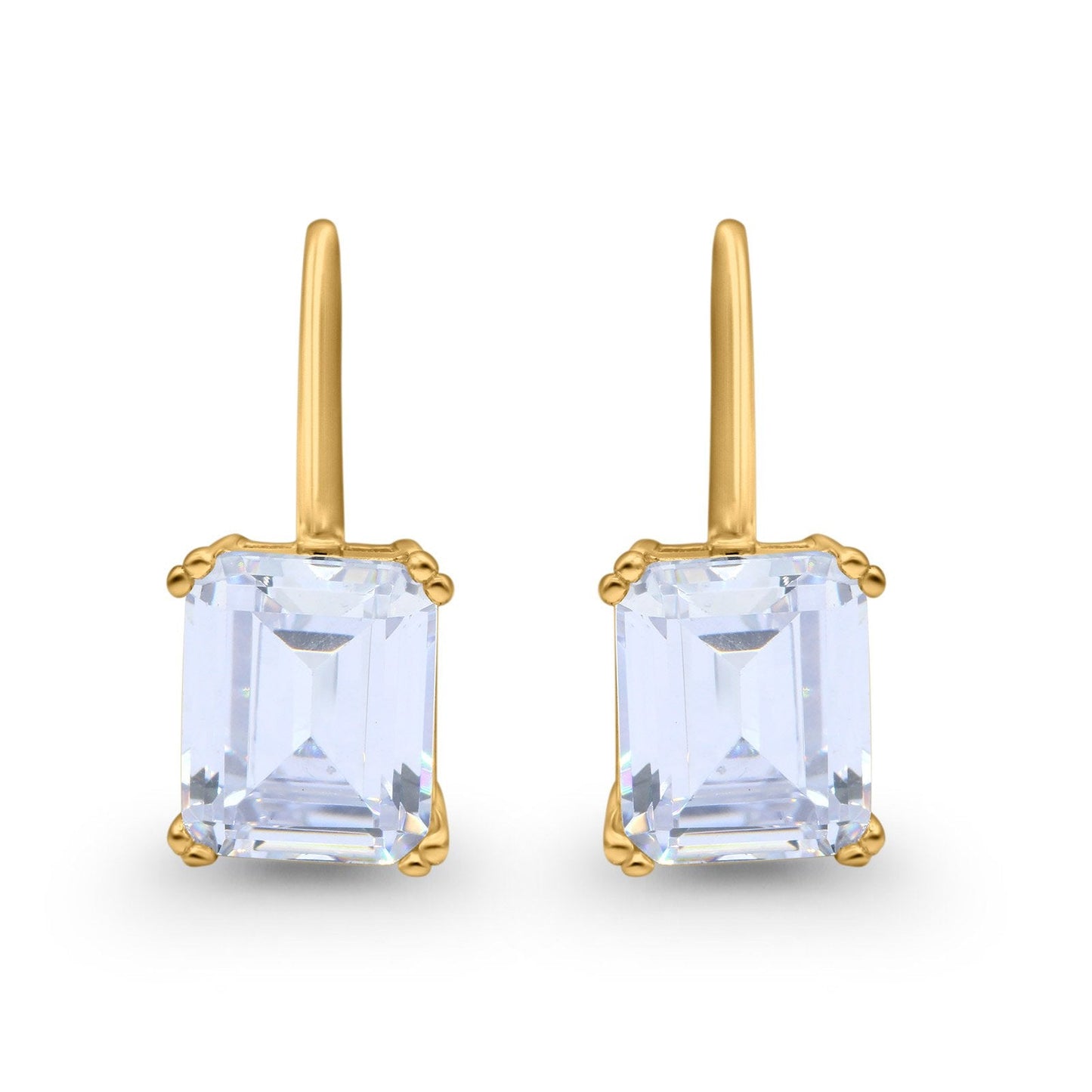 Cushion Cut Dangling Leverback Wedding Earrings Yellow Tone, Simulated CZ (20mm)